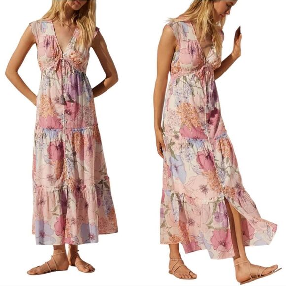 Lovestitch Andie Boho Romantic Feminine Tiered Floral Maxi Dress Large Ivory/Nat - Picture 3 of 17
